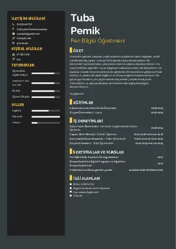 Fen Bilgisi Öğretmeni CV Örnekleri cv indir
